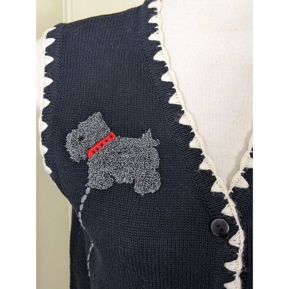 Vintage Sweater Vest Womens M Scottie Dog Novelty Embroidered Fun Button Black - Picture 2 of 6